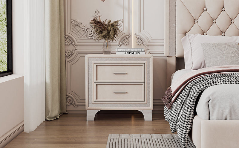 2-Drawer Nightstand with Metal Legs for Bedroom, Mid Century Nightstand Fully Assembled Except Legs and Handles,Velvet Bedside Table-Beige