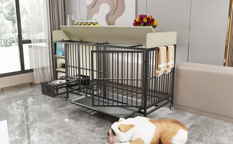 Large pet cage with storage rack, drawers with stainless steel food and water basin, made of iron frame and MDF material, sturdy, exquisite, and practical (black+beige)