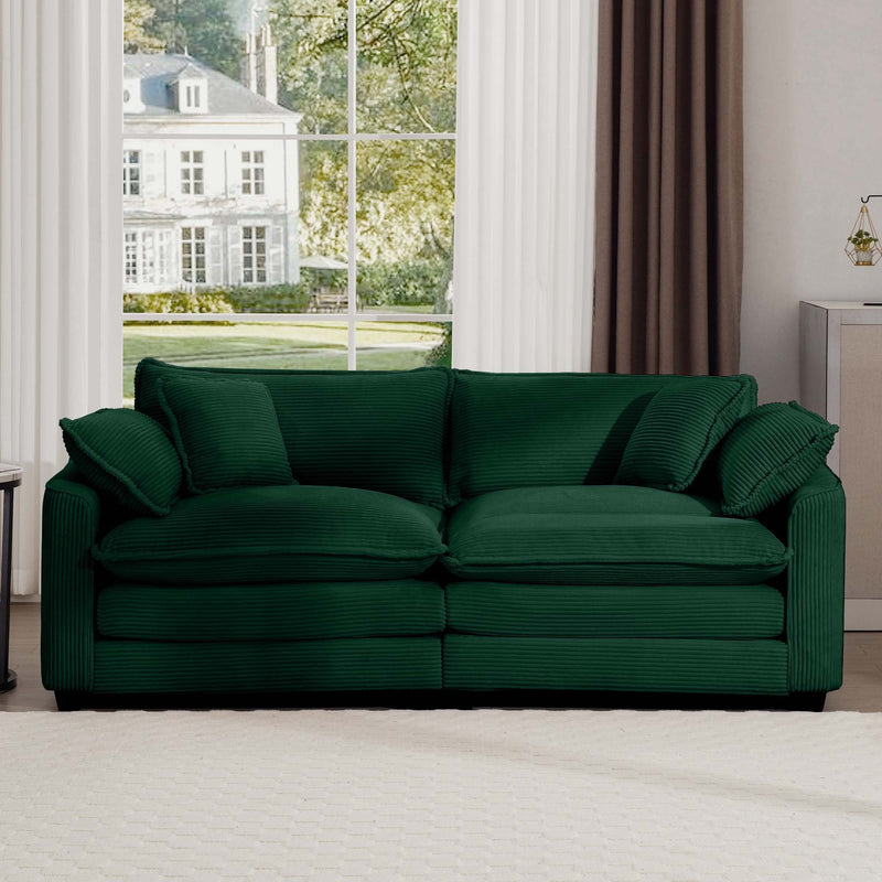 Modern Fabric Living Room Sofa with 4 Pillows, Upholstered Large Deep Seating Loveseat, Green Corduroy