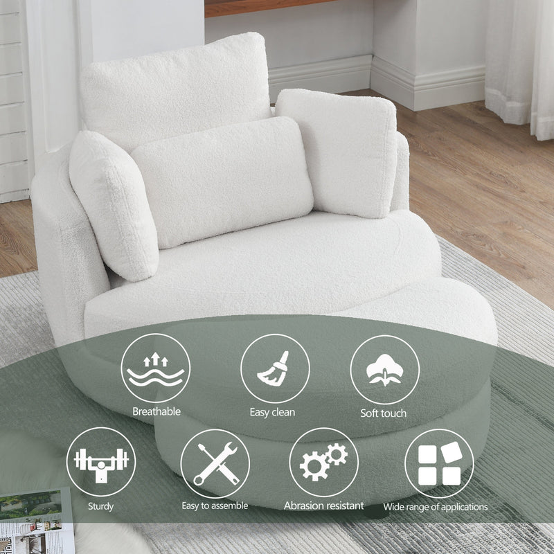 39" W Oversized Swivel Chair with moon storage ottoman for Living Room, Modern Accent Round Loveseat Circle Swivel Barrel Chairs for Bedroom Cuddle Sofa Chair Lounger Armchair, 4 Pillows, Teddy Fabric