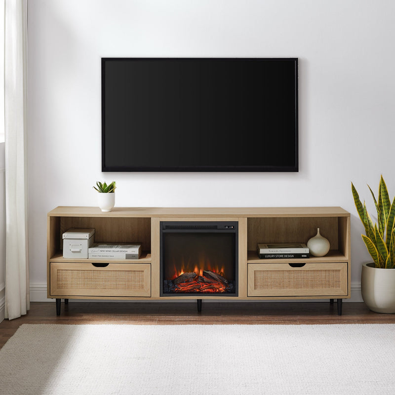 70" Modern Rattan Door Fireplace Console