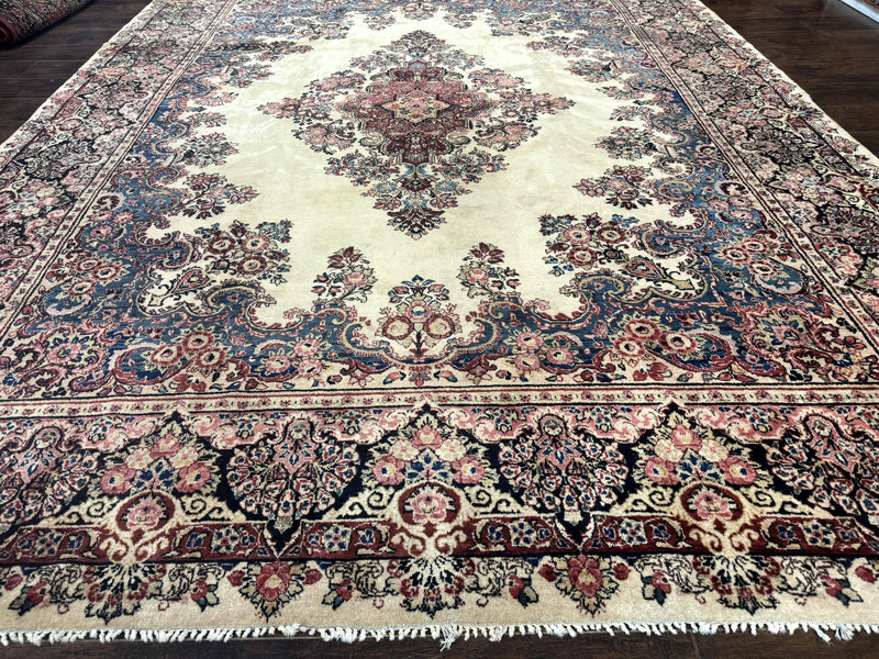 Persian Sarouk Rug 9x12, Ivory & Blue, Semi Open Field