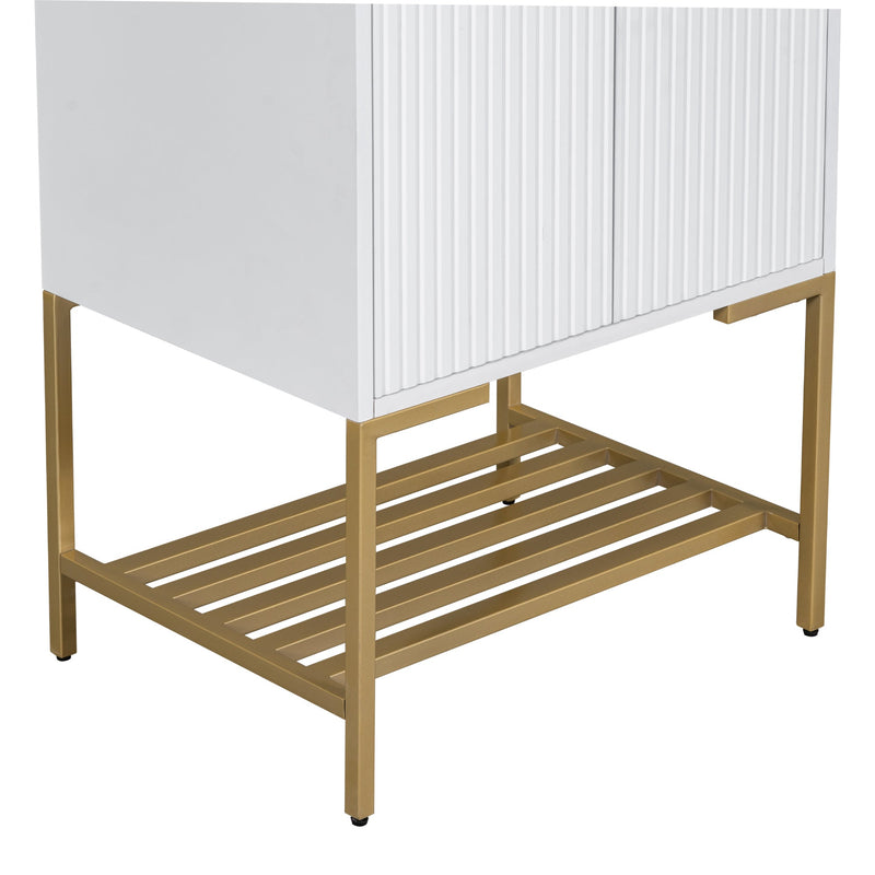 24" Bathroom Vanity with Sink, Bathroom Vanity Cabinet with Two Doors and Gold Metal Frame, Open Storage Shelf, White