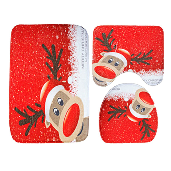 3 Pcs Christmas Bathroom Rugs Set Contour Non-slip Toilet Mats Absorbent Cozy Velvet Floor Carpets