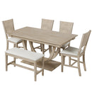 6-Piece Wood Half Round Dining Table Set Kitchen Table Set with Long Bench and 4 Dining Chairs, Modern Style, Natural