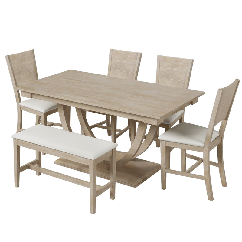 6-Piece Wood Half Round Dining Table Set Kitchen Table Set with Long Bench and 4 Dining Chairs, Modern Style, Natural
