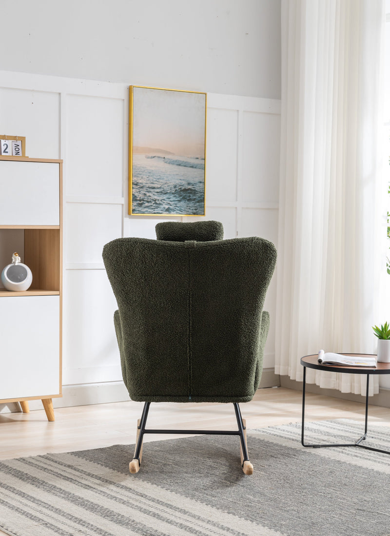 35.5 inch Rocking Chair, Soft Teddy Velvet Fabric Rocking Chair for Nursery, Comfy Wingback Glider Rocker with Safe Solid Wood Base for Living Room Bedroom Balcony (dark green)