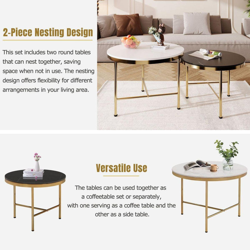Modern Round Nesting Coffee Table Set 2-Piece Black & White Sintered Stone Top Gold Base in 23.6"&17.7"