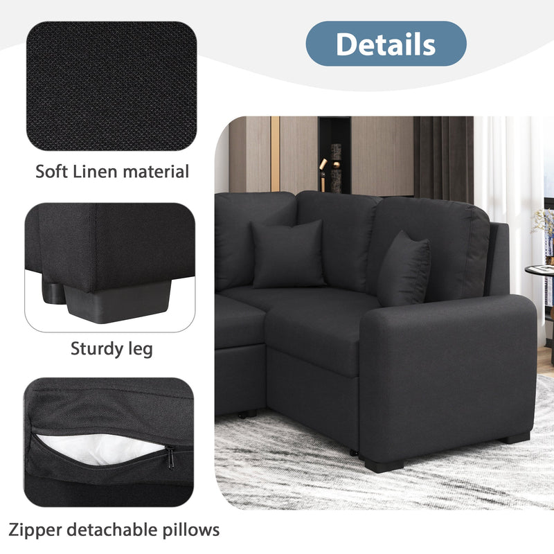 87.4"Sectional Sleeper Sofa with USB Charging Port and Plug Outlet,Pull-Out Sofa Bed with 3 Pillows, L-Shape Chaise for Living Room Small Apartment,Black