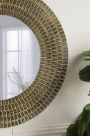 29.5" Round Gold and Black Wooden Accent Mirror with Woven Texture by HouseOfZazla