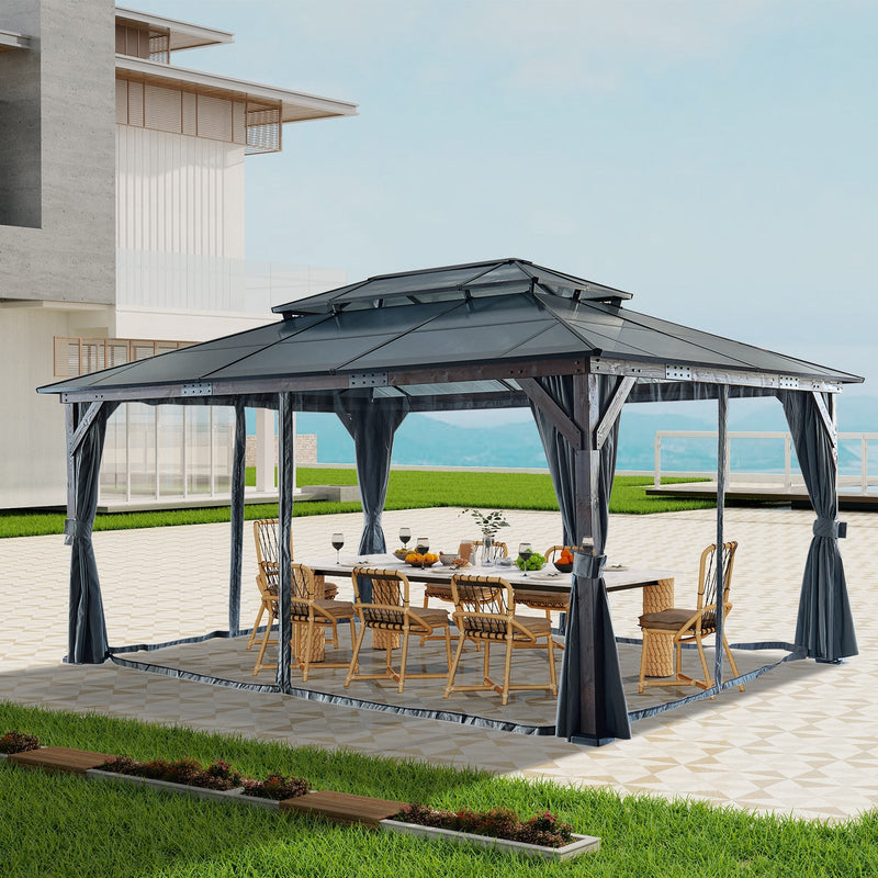 12' x 16' Hardtop Cedar Wood Gazebo for Patios, Outdoor Cedar Framed Gazebo with Double Metal Roof, Solid Wooden Framed Gazebo with Privacy Curtains and Mosquito Nettings for Garden, Backyard