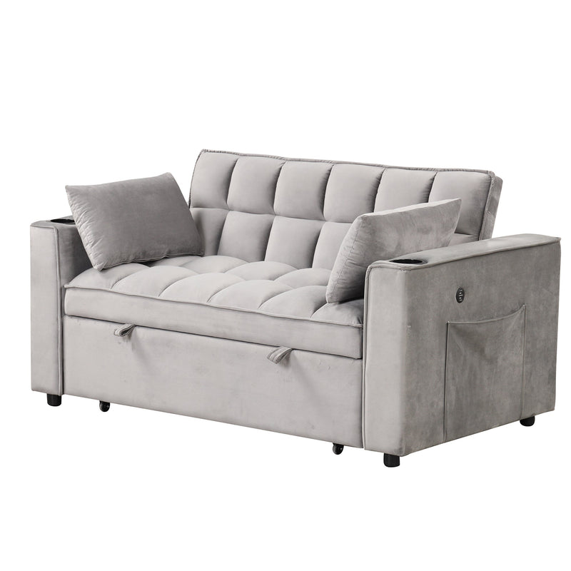 55.3" 4-1 Multi-functional Sofa Bed with Cup Holder and USB Port for Living Room or Apartments, Gray