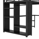 Full Size Loft Bed Frame with Built-in Wardrobe, Metal Loft Bed with Desk and Storage Shelves