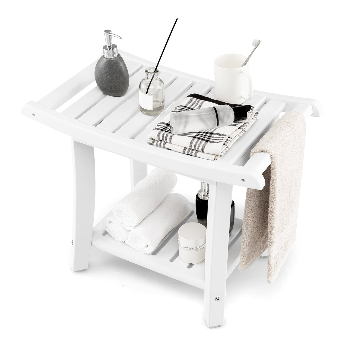 Waterproof Bath Stool with Curved Seat and Storage Shelf, photo 4 of 9