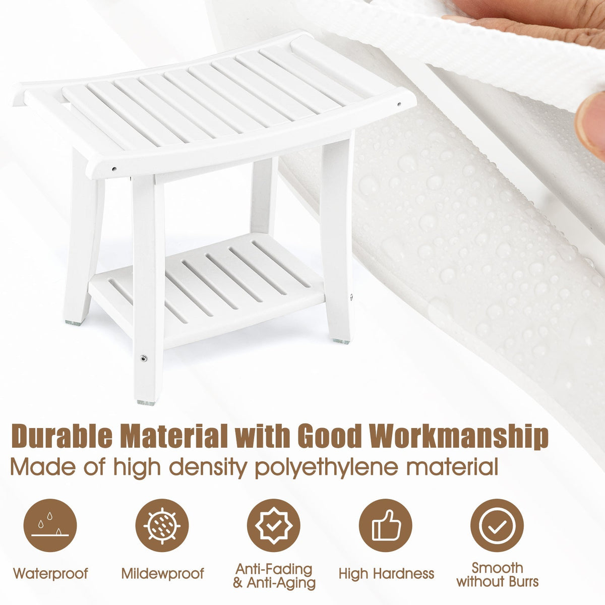 Waterproof Bath Stool with Curved Seat and Storage Shelf, photo 8 of 9