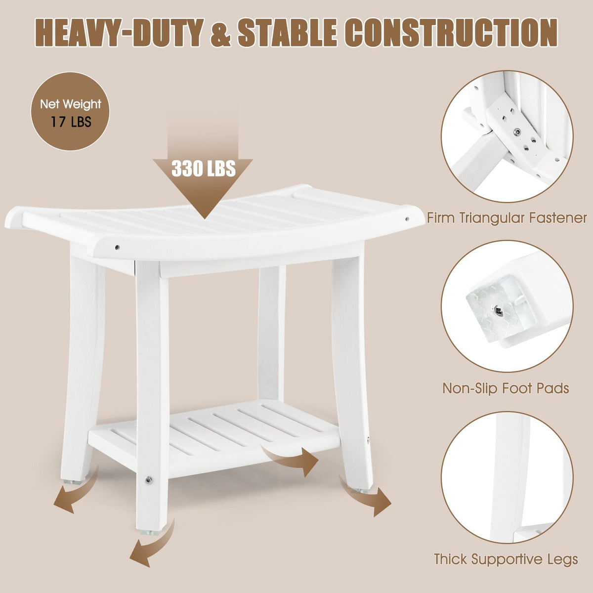 Waterproof Bath Stool with Curved Seat and Storage Shelf, photo 7 of 9