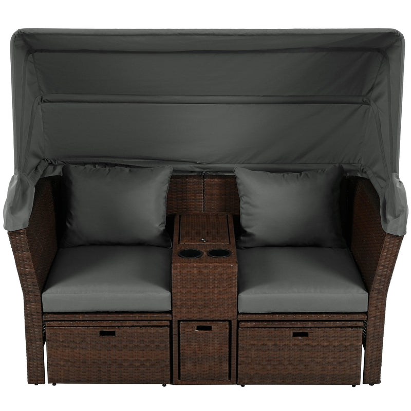 2-Seater Outdoor Patio Daybed Outdoor Double Daybed Outdoor Loveseat Sofa Set with Foldable Awning and Cushions for Garden, Balcony, Poolside, Grey