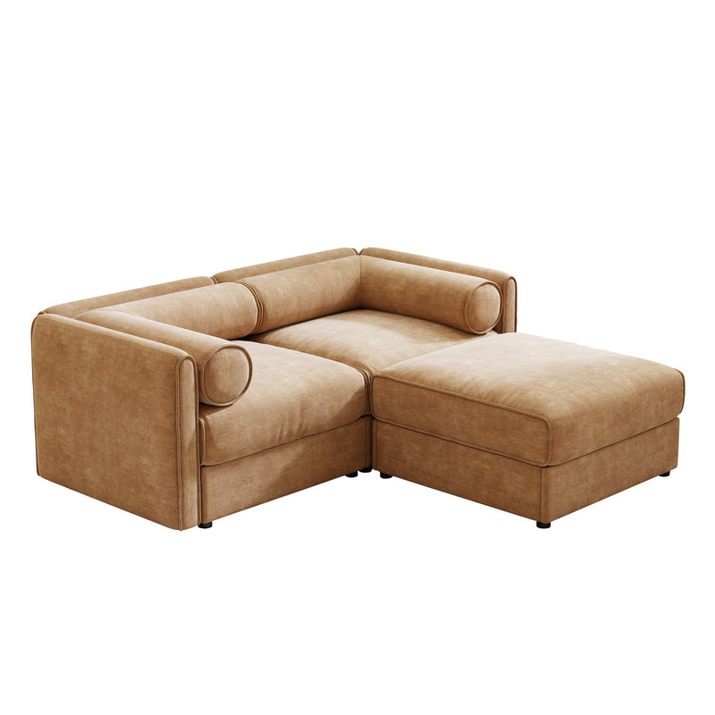 Modern Stylish Camel Chenille 2-Seater Sofa with Ottoman Storage and Cylindrical Backrest