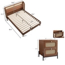 3 Pieces Modern Cannage Rattan Platform Queen Bed + Nightstandx2, Walnut