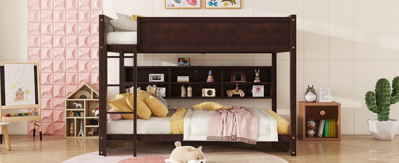 Queen Over Queen Bunk Bed with Built-in Storage Cabinets,Charging Station,Ladder,Safety Guardrails,Solid Pine Wood Bunk Bed,Brwon