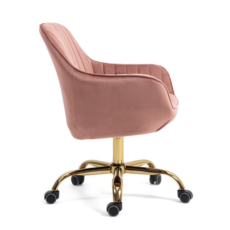 360 Pink Velvet Swivel Chair With High Back, Adjustable Working Chair With Golden Color Base
