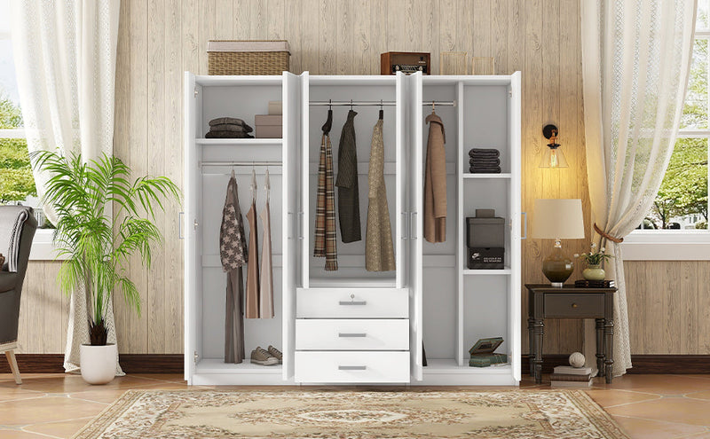 6-Doors Wooden Wardrobe Storage for Bedroom, with Big Drawers, White