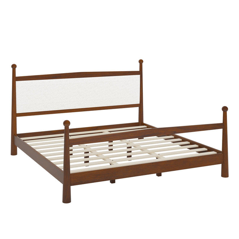 Mid-Century Modern King Size Solid Pine Wood Platform Bed with Upholstered Headboard in Boucle, No Box Spring Needed, Brown
