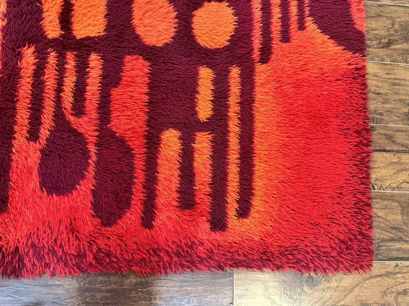 Danish Rya Shag Rug 4x6, Red Vintage Mid Century Retro Abstract Shag Rug