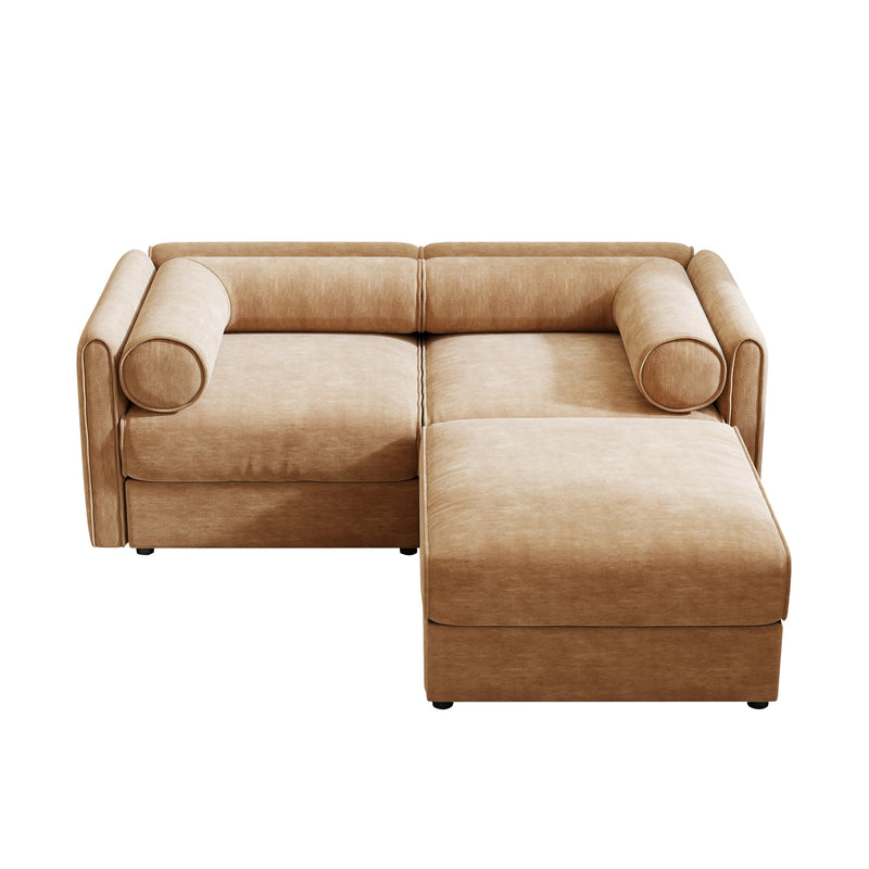 Modern Stylish Camel Chenille 2-Seater Sofa with Ottoman Storage and Cylindrical Backrest