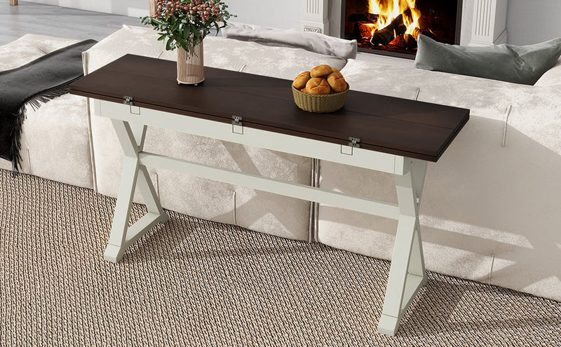 5-Piece 62x35.2inch Extendable Rubber Wood Dining Table Set with X-shape Legs,Console Table with Two 8.8Inch-Wide Flip Lids and Upholstered Dining Chairs, Beige