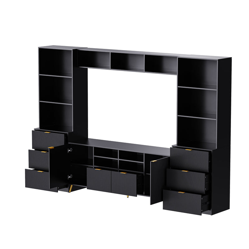 4-Piece Entertainment Wall Unit with 13 shelves,8 Drawers and 2 Cabinets, Multifunctional TV Stand Media Storage Cabinet with Fluted Line Surface for Living Room, for TVs Up to 70"