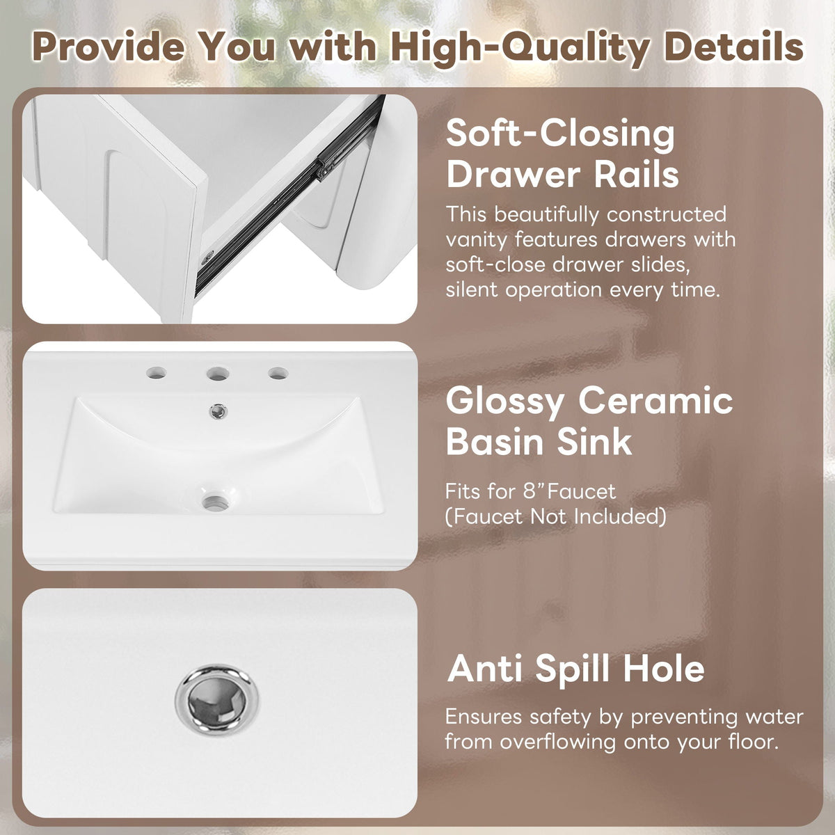 Floating Bathroom Vanity With Oval Knobs & Round Edge, Soft Close Drawer Slides, photo 12 of 14