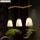 GobekUsa Bamboo Bell Shade Pendant Light - South-east Asian Tea Room Island Lighting with 3 Heads - Wood Finish
