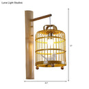 GobekUsa Bamboo Wall Mount Sconce Lamp with Asian Flair - Wood Cage Design, 1 Bulb, White Bird Deco