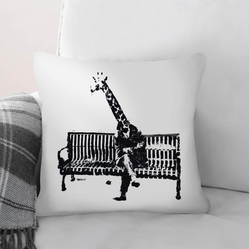 Banksy Giraffe on a Bench Cushion