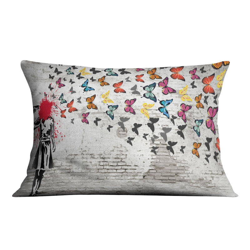 Banksy Girl Shooting Butterflies Cushion.