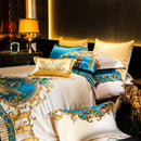 GobekUsa Embroidered Gold Blue Brocade Cotton Bedding Set with Duvet Cover, Sheets, Pillowcases