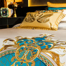 GobekUsa Embroidered Gold Blue Brocade Cotton Bedding Set with Duvet Cover, Sheets, Pillowcases