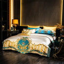 GobekUsa Embroidered Gold Blue Brocade Cotton Bedding Set with Duvet Cover, Sheets, Pillowcases