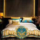 GobekUsa Embroidered Gold Blue Brocade Cotton Bedding Set with Duvet Cover, Sheets, Pillowcases