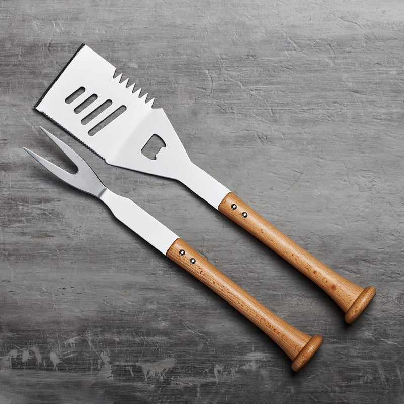 Wooden Baseball Bat Handle BBQ Turn Two Combo Set With Slider Spatula And Forkball Fork, photo 3 of 7