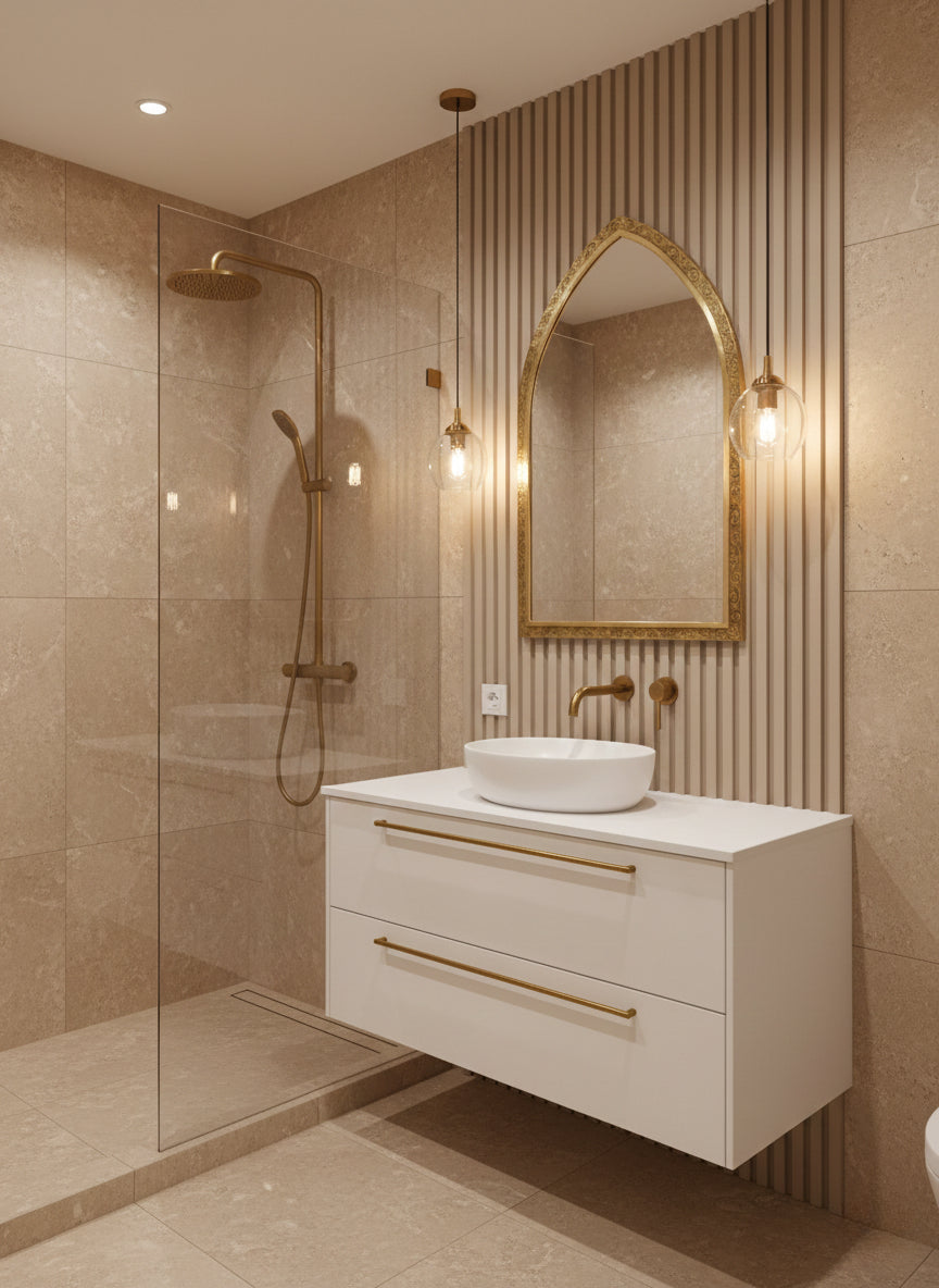 Golden Handmade Wall Mirror - Arch Brass Engraved Mirror, photo 3 of 12