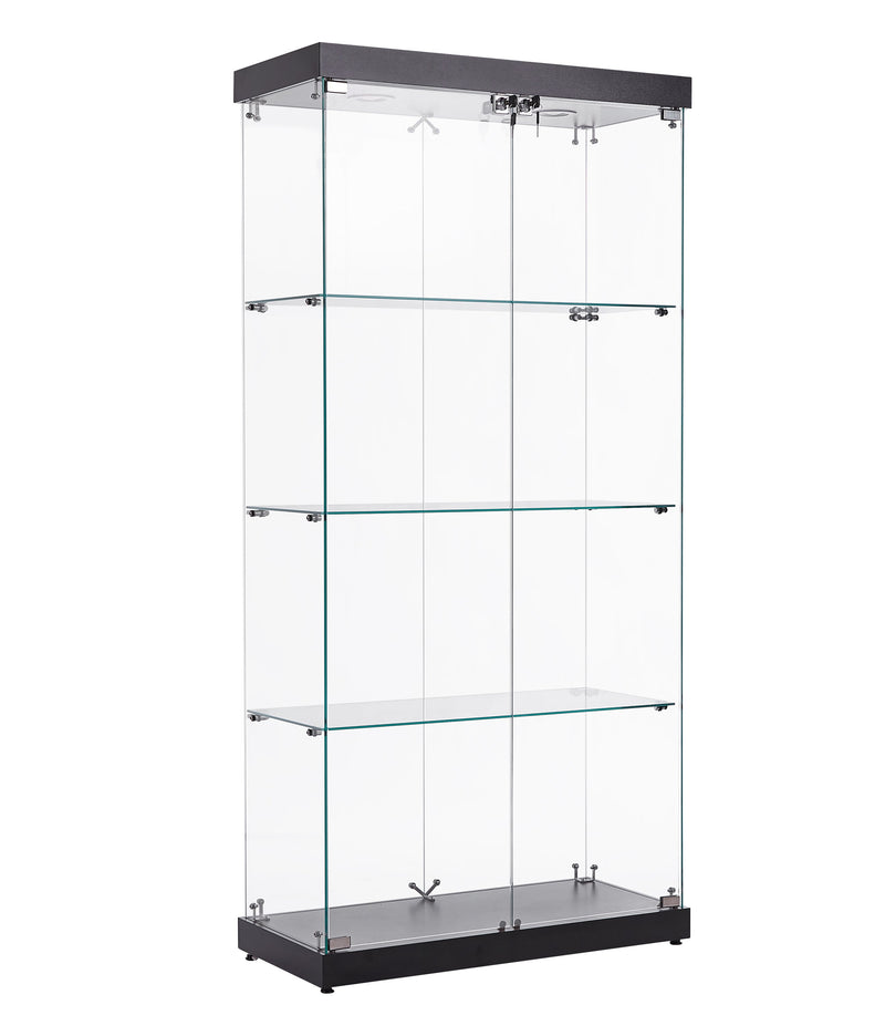 4-Tier Glass Display Cabinet, Double Door Glass Cabinet, Four Partitions, Two Locks, Floor Standing Storage Cabinet for Living Room, Bedroom, Showroom and Office, Black, 31.5"L x 14.2"W x 66.3"H