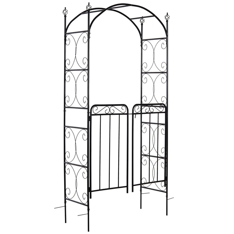 84" Garden Arch Arbor with Gate, Metal Arch Trellis, Garden Archway for Climbing Vines, Wedding Ceremony Decoration, Flourishes & Arrow Tips, Black