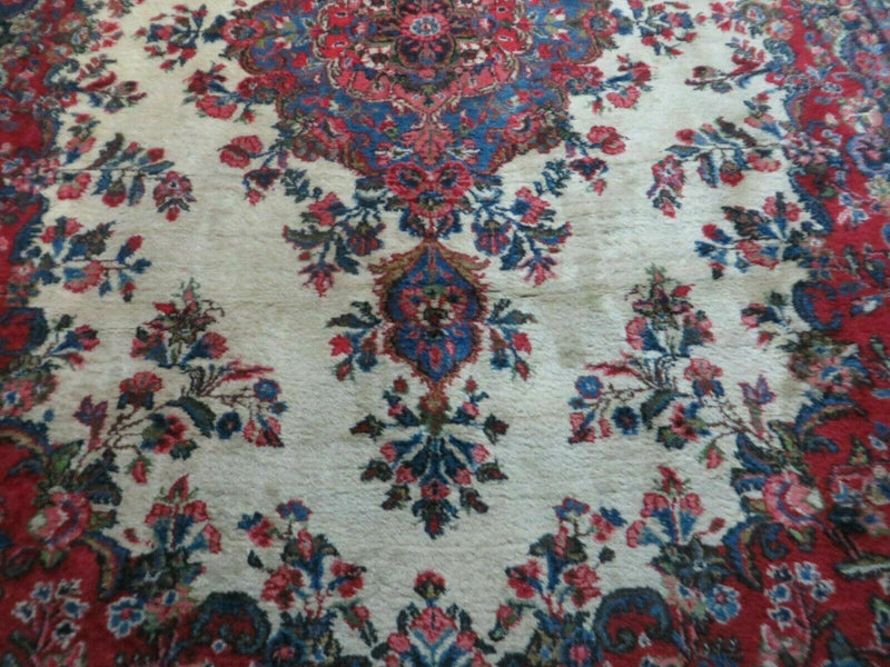 9x12 Persian Sarouk Rug - Semi Open Field Medallion Rug - Ivory Red Blue Hand Knotted Wool Oriental Carpet 9 x 12 Antique Rug - Vegetable Dyes