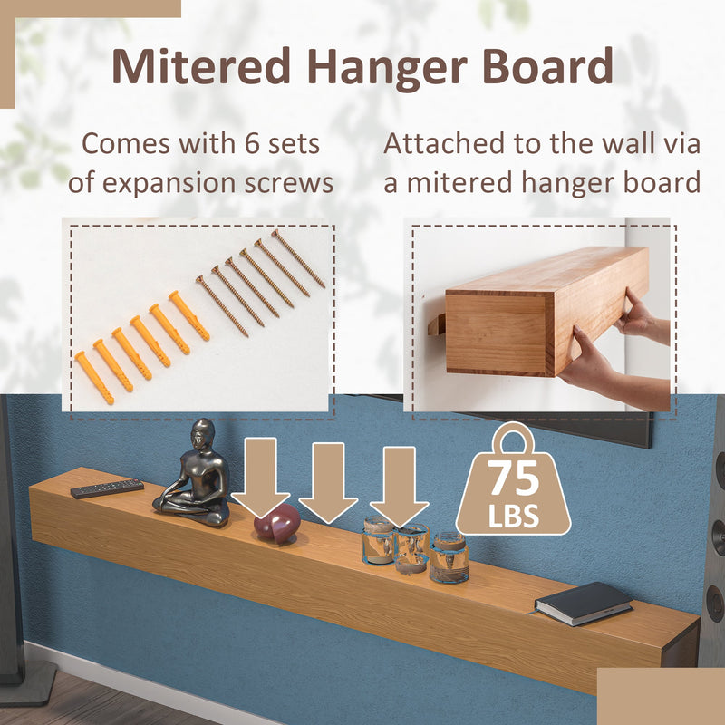 72" Fireplace Mantel Wooden Wall Mounted Floating Shelf 8" Deep Solid Pine Wood,Natural