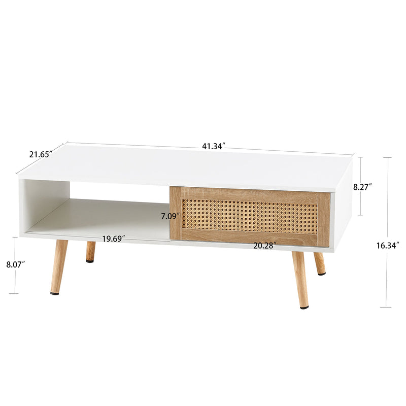 41.34" Rattan Coffee table, sliding door for storage, solid wood legs, Modern table for living room, White