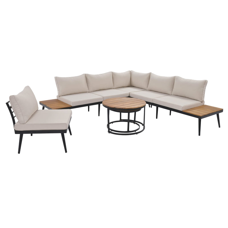 6-Piece Outdoor Sectional Sofa Set with Round Nesting Coffee Tables and Seating Sofa with Cushions for Patio, Porch and Garden (Beige)