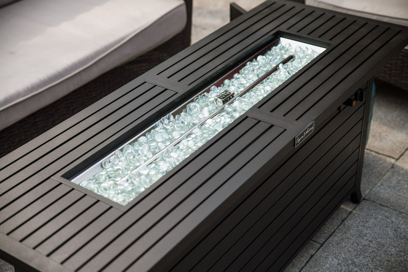 57in Outdoor Gas Propane Fire Pits Table, Aluminum, 50000BTU Firepit Fireplace Dining Table with Lid, Fire Glass, Retangular, ETL Certification, for Garden Backyard Deck Patio-Mocha