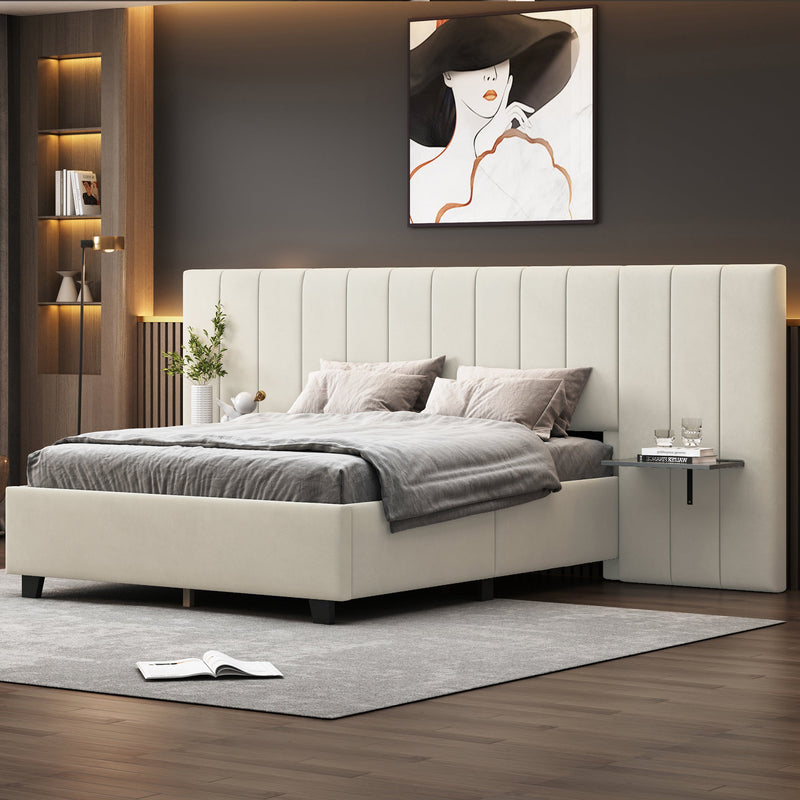 Walker Edison - Full Size Upholstered Platform Bed with Big Headboard, Bedroom Furniture, Velvet, Beige